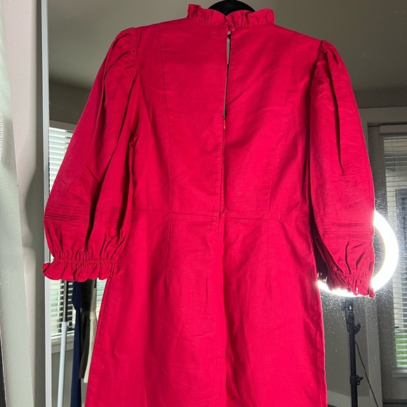Haute Rogue red linen/cotton mini dress w puffed sleeves - Picture 8 of 10